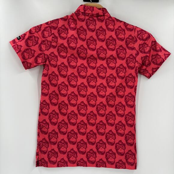 Golf Gods Medium Monkey Pattern Red Short Sleeve Golf Polo Shirt - Picture 5 of 5